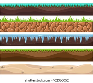 Illustration of a set of seamless grounds, soils and land foreground area with ice, desert, beach, sand, roots and grass layers and patterns for ui game. Seamless grounds, soils and land vector set.