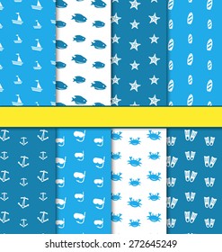 Illustration Set Seamless Pattern with Nautical Elements (Sailboats, Fishes, Starfishes, Surfboards, Anchors, Diving Masks, Crabs, Flippers), Blue and White Colors - Vector