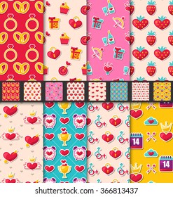 Illustration Set Seamless Patterns with Colorful Traditional Objects and Elements for Valentines Day. Collection Holiday Bright Backgrounds - Vector