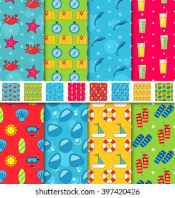 Illustration Set Seamless Patterns with Tourism Objects and Equipments. Can Be Used for Wallpapers, Web Page Backgrounds - Vector