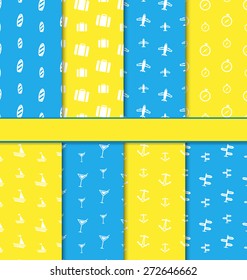 Illustration Set Seamless Textures with Nautical Elements (Sailboats, Surfboards, Planes, Suitcases, Anchors, Cocktails, Pointers) - Vector