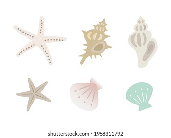 Illustration Set von Muscheln, 6 Typen. Erinnert an das Meer im Sommer.