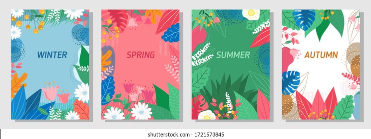 Illustration Set Season Element Or Flowers Background, Winter, Spring, Summer, Autumn, Banner, Cover, Templates, Posters.