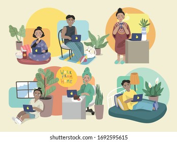 illustration set of self quarantine people in corona virus (COVID-19) spreading situation in own place. group of young millennial male and female stay home using laptop computer working from home.