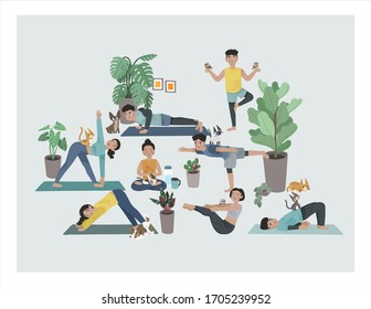 Ilustración conjunto de personas que se ponen en cuarentena en su propio lugar haciendo ejercicio de yoga con mascotas domésticas (gatos, perros y búhos). Los jóvenes milenarios, hombres y mujeres, se quedan en casa yoga trabajando en situación de virus.