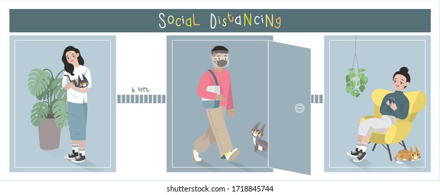 illustration set of self quarantine people in corona virus (COVID-19) spreading situation in own house for social distancing. flat view young millennial male and female stay home to keep distance.