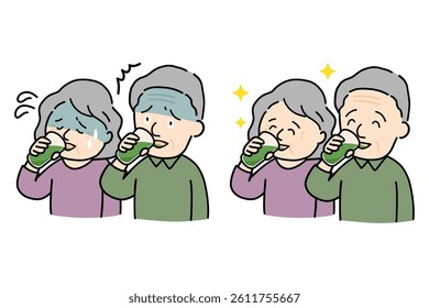 Illustration set of a senior couple drinking green juice with a bitter expression and drinking it with relish.