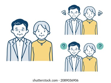 Illustration set of a senior couple's smiling and troubled facial expressions.