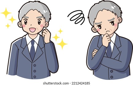 An illustration set of a senior man wearing a suit with an expression of excitement and an expression of embarrassment