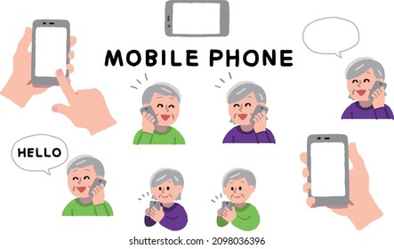 Illustration set of senior men and women operating smartphones