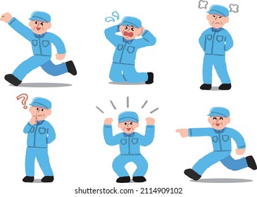 Illustration set of senior men in work clothes in various poses