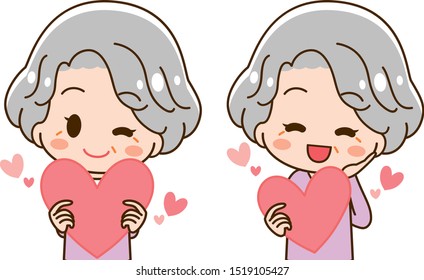 Illustration set of senior woman embracing heart