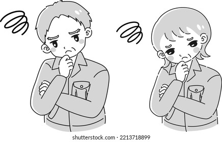Illustration set of senior women and men wearing work clothes thinking