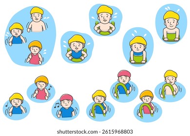 Illustration set of seniors swimming and exercising in the pool.