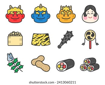 Illustration set of Setsubun icons (line drawing color).