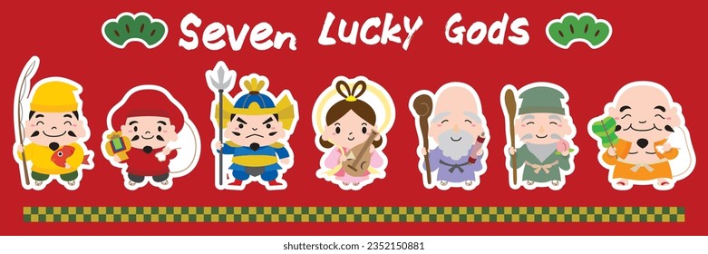 Illustration set of seven lucky gods of good fortune with sticker-style white borders