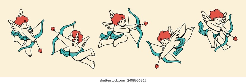 Illustration set of several pose variations of Cupid holding an arrow suitable for Valentine's Day	
