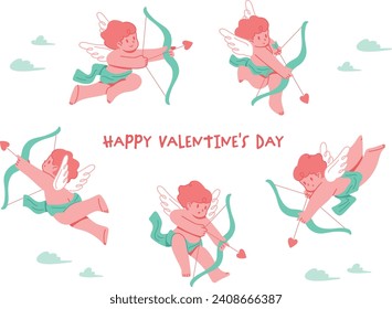 Illustration set of several pose variations of Cupid holding an arrow suitable for Valentine's Day	
