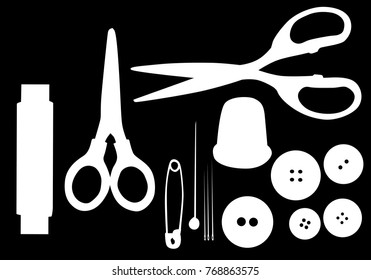illustration with set of sewing items isolated on black background