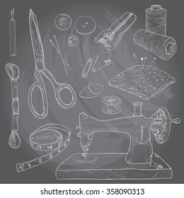 illustration set of sewing and knitting tools. chalk drawing