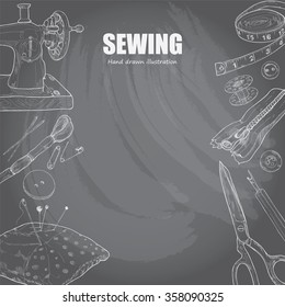 illustration set of sewing and knitting tools. chalk drawing