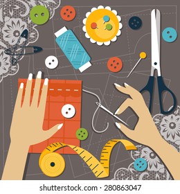 Illustration set of sewing tools and hands doing the work