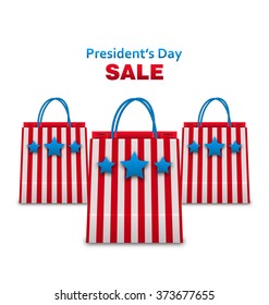 Illustration Set Shopping Bags in USA Patriotic Colors for Presidents Day Sale. Isolated on White Background - Vector