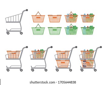 Illustration set of shopping cart and basket.
There are versions with and without groceries.
It can be used as one point for advertisements.