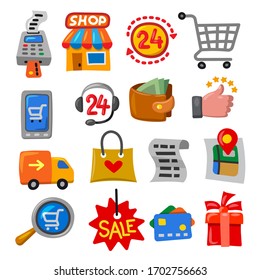 illustration of the set shopping and sale icons in a cartoon style