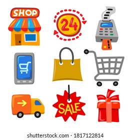 illustration of the set shopping and sale icons in a cartoon style