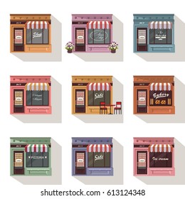 Illustration set of shops, little cute retro shops