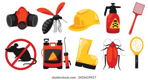 Illustrationssatz zur Präsentation von Schädlingsbekämpfungsgeräten und gewöhnlichen Schädlingen, ideal für Bildungs- oder dienstbezogene Designs