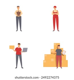 Illustration set showing delivery men with packages, a checklist, and a laptop