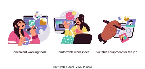 Illustration set showing essentials for remote productivity including effective tools, a cozy work environment, and proper digital equipment.