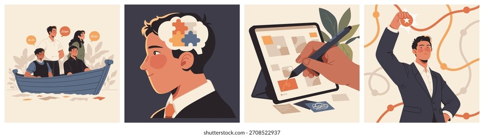 Conjunto de ilustração mostrando um grupo colaborando em um barco, uma pessoa com pensamento de peças de quebra-cabeça, trabalho de design de tablet digital e um profissional confiante celebrando o sucesso.