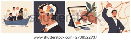 Illustration set showing a group collaborating in a boat, a person with puzzle-piece thinking, digital tablet design work, and a confident professional celebrating success.