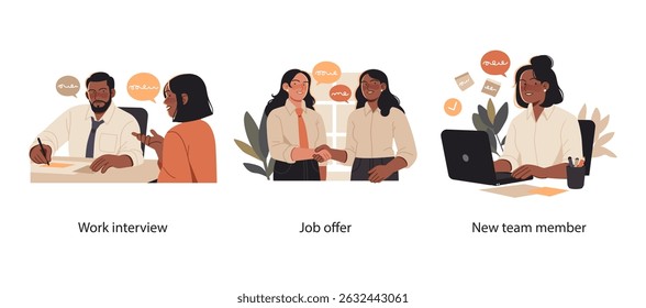 Conjunto de ilustrações mostrando entrevista de emprego, aceitando uma oferta de emprego e um novo funcionário começando a trabalhar em um ambiente de negócios.