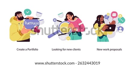 Illustration set showing key freelance steps including creating a portfolio, searching for clients, and sending new project proposals online.