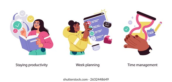 Illustration set showing methods for improving productivity through effective weekly planning, time management, and maintaining task focus.