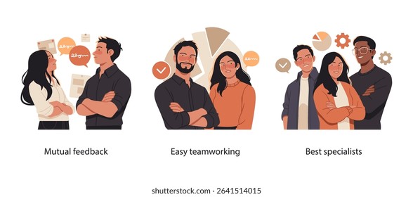 Illustration set showing mutual feedback, effective teamwork, and a group of top professionals collaborating in a business environment.