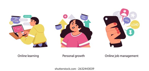 Illustration set showing online education, personal development, and digital job management for freelancers and remote professionals.
