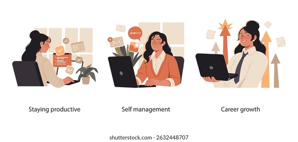Illustration set showing professional women working efficiently, managing tasks independently, and advancing their careers with clear focus and determination.