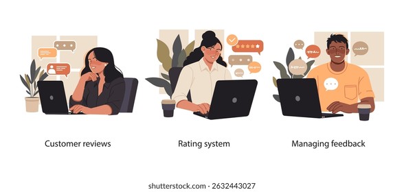 Illustration set showing professionals using laptops to read customer reviews, manage ratings, and handle client feedback in business environments.