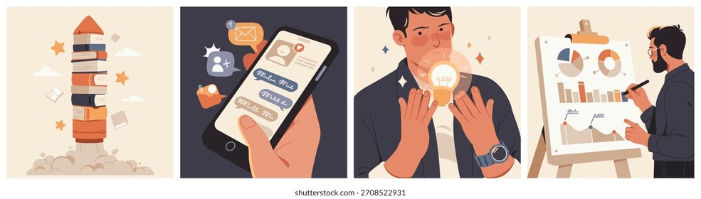 Conjunto de ilustraciones que muestra un cohete hecho de libros, mensajes de teléfonos inteligentes, una persona generando nuevas ideas y un analista dibujando gráficos en un tablero de presentación.