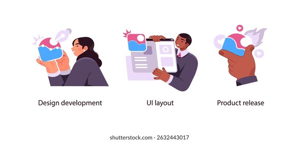 Conjunto de ilustrações mostrando estágios de desenvolvimento do produto: design visual, planejamento do layout da interface e lançamento final do produto.