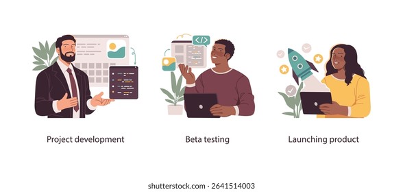 Illustration set showing stages of software development, including project planning, beta testing, and final product launch with success icons.