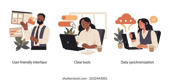 Illustration set showing a user-friendly interface, clear digital tools, and seamless cloud data synchronization across laptop and smartphone devices.