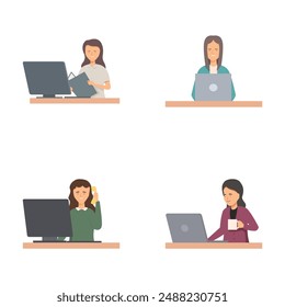 Illustration set showing a woman at her desk with different emotions while working