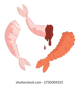 Conjunto de ilustración de camarones en diferentes estilos y colores. Ilustración de mariscos de Vector plano, perfecto para el diseño de menús, marca de restaurantes, empaques de alimentos, recetas, blogs de cocina y diseños relacionados con los mariscos.
