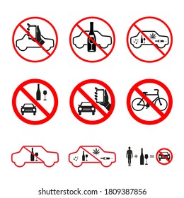 illustration set of signs prohibited alcohol, drugs driving a car on a white background